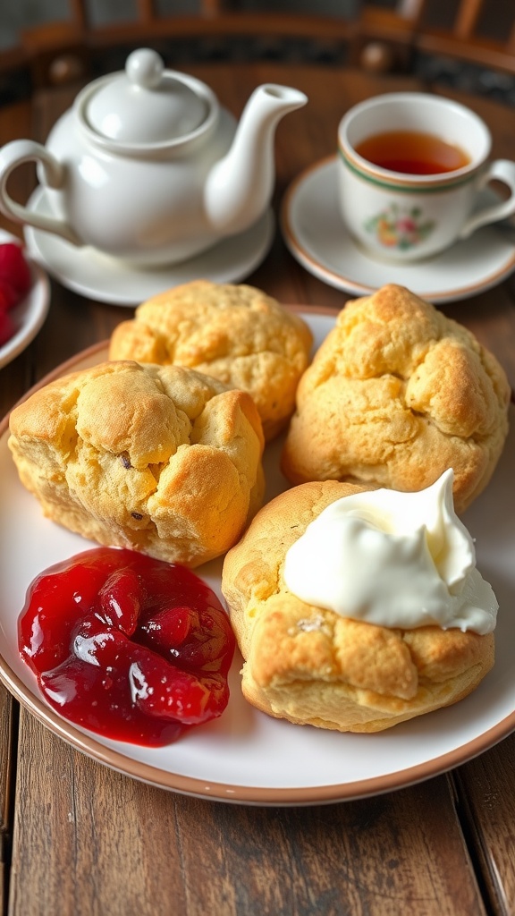 Golden brown air fryer scones on a plate with raspberry jam and clotted cream, set on a rustic table.
